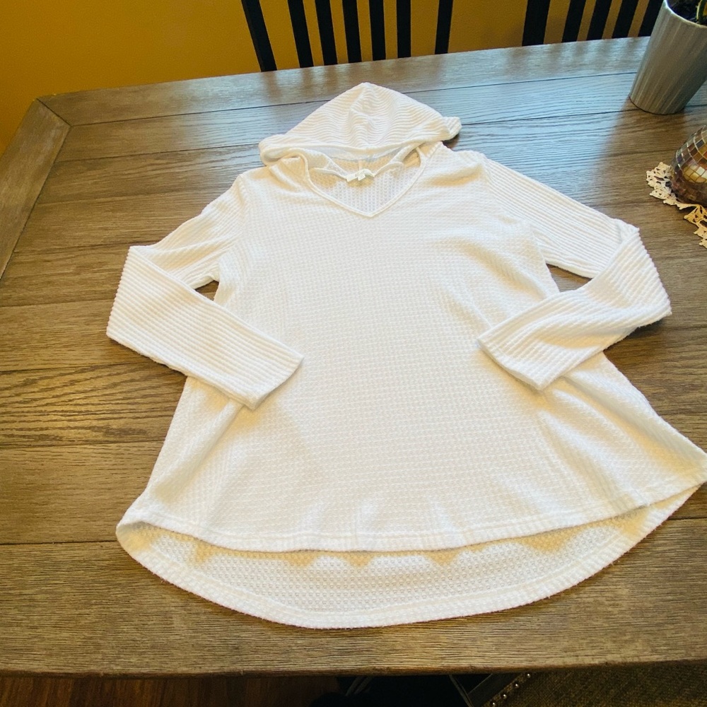Rehn White Waffle Knit Hooded V- Neck Long Sleeve Summer Top